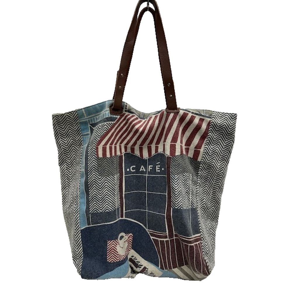 INOUITOOSH‎ Tote Bag Cafe Print Wool Blend Leather Handle Gray 14.5in x 13in
